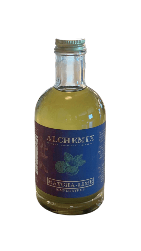 This photo displays Alchemix's Matcha lime Syrup 